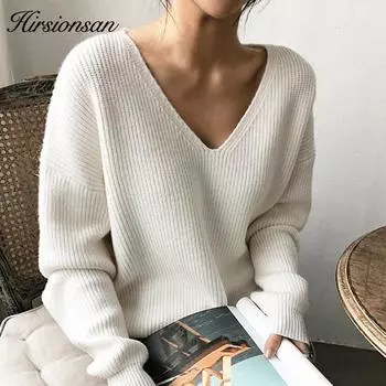 Hirsionsan утепленный женский свитер 2020, винтажный минималистичный осенне-зимний свитер, корейский повседневный однотонный вязаный пуловер, топы с v-образным вырезом One Size чёрный