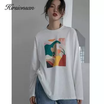 Hirsionsan винтажная футболка с длинным рукавом с принтом, женские свободные футболки из 100% хлопка с круглым вырезом, женский шикарный пуловер с эстетическим графическим рисунком 2023 M чёрный