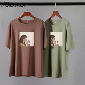 Hirsionsan винтажная футболка с принтом, женские летние шикарные футболки, элегантный джемпер из 100% хлопка, повседневный пуловер большого размера, топ M белый