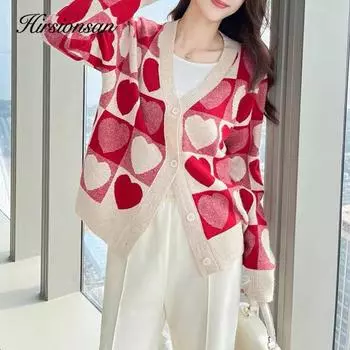 Hirsionsan винтажный вязаный кардиган с принтом сердца, женский повседневный свитер с v-образным вырезом и длинными рукавами, женские свободные однобортные милые топы One Size чёрный