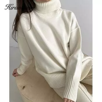 Hirsionsan водолазка кашемировый зимний свитер женский повседневный элегантный толстый теплый женский вязаный пуловер свободный базовый трикотажный джемпер one size зелёный