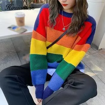 Hirsionsan вязаный свитер в радужную полоску, женский повседневный контрастный пуловер с круглым вырезом, женский свободный милый джемпер с длинными рукавами, новый one size