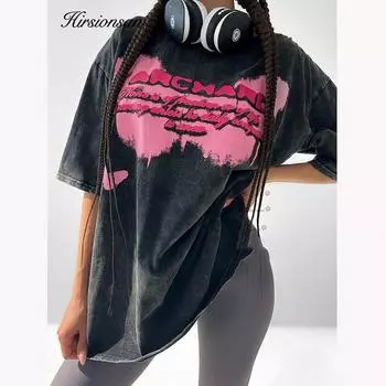 Hirsionsan Y2k качественная футболка большого размера, выстиранная кислотой, женские винтажные футболки с принтом, уличная стирка, футболка для девочек, элитные брендовые топы M чёрный