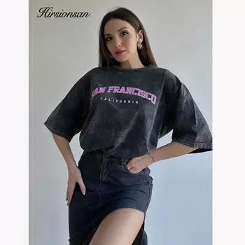 Hirsionsan Y2k качественная футболка большого размера для женщин, лето 2023, новые винтажные футболки с принтом, уличная футболка для девочек, топы люксового бренда M чёрный