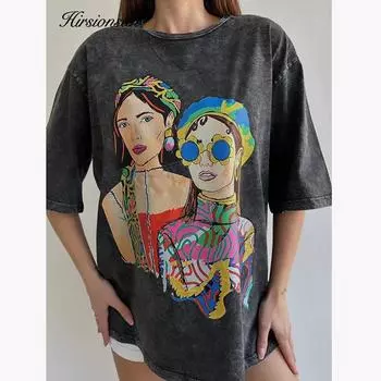 Hirsionsan Y2k, качественная негабаритная футболка с кислотной стиркой, женские винтажные футболки с китайским принтом, уличная футболка для стирки, топы люксового бренда для девочек, футболки для пар M чёрный