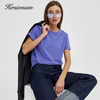 Hirsionsan женская футболка из 100% хлопка, новинка лета 2023 года, винтажные свободные однотонные футболки, повседневная базовая футболка, корейские женские топы с круглым вырезом S белый