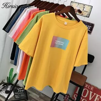 Hirsionsan женская футболка с эстетическим принтом в Корейском стиле Harajuku, свободная летняя хлопковая футболка, шикарная футболка больших размеров, повседневные женские топы M белый