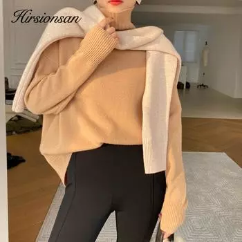 Hirsionsan, зимний элегантный толстый теплый пуловер, женский базовый вязаный свитер с высоким воротником, женский свободный повседневный трикотаж, женский джемпер one size бежевый