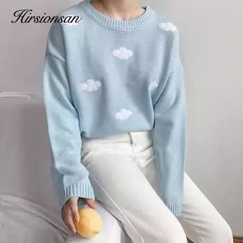 Hirsionsan зимний свободный вязаный свитер с вышивкой облаков, женский корейский повседневный пуловер с круглым вырезом, женская базовая минималистичная одежда One size розовый
