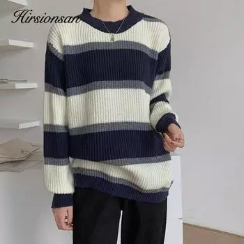 Hirsionsan, зимний винтажный полосатый мягкий пуловер, женский простой вязаный свитер с круглым вырезом и длинными рукавами, женские свободные элегантные корейские модные топы one size абрикосовый