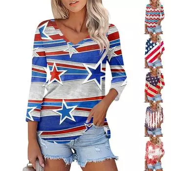 Hirt для женщин модная повседневная свободная футболка с v-образным вырезом и рукавами 3/4 с принтом женский топ L синий
