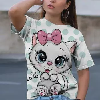 Хит 2023 года, женская футболка с рисунком кота, классические топы с 3D-принтом для девочек и короткими рукавами, женская мода, повседневная уличная одежда 4XL