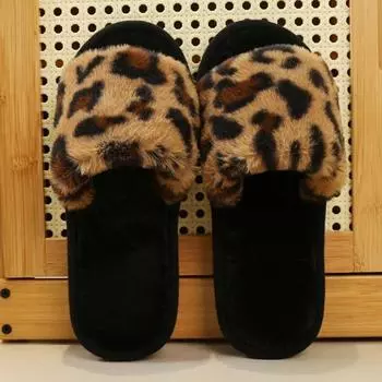 Хит продаж, модные леопардовые плюшевые тапочки на плоской подошве, женские удобные нескользящие хлопковые шлепанцы, теплые тапочки с открытым носком для дома и улицы 36-37