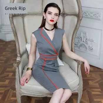 [Hitch Reap Большая Распродажа] Платье с глубоким V-вырезом Летняя мода Ретро Серое Корсетное Без рукавов Миди юбка S Grey S