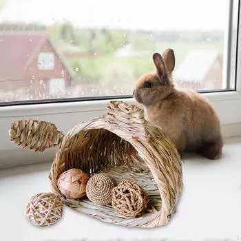 Хижина-кровать с отверстиями Игровой домик Убежище с травой Клетка для игры в игрушечный домик для жевания Дом