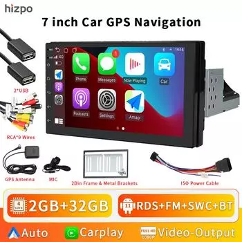Hizpo 2 ГБ + 32 ГБ Carplay Auto 7 дюймов 1 Din Android Универсальный автомобильный радиоприемник Мультимедийный видеоплеер Стерео 1Din Авторадио Головное устройство Стереонавигация GPS WiFi 1GB+32GB NO-Carplay