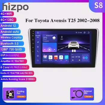Hizpo 2din Android Авторадио для Toyota Avensis T25 2002-2008 Автомобильный радиоприемник Мультимедийный видеоплеер GPS Navi Головное устройство Carplay Auto 4G SWC RDS FM DVR Cam HC1 4Core 1G 32G