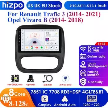 Hizpo 4G AI Voice Android Auto Radio для Renault Trafic 3 2014-2021 для Opel Vivaro B 2014-2018 Carplay Car Multimedia Intelligent Screen GPS 2din P1L A 4Core 1G 16G