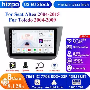 Hizpo 4G AI Voice Wireless CarPlay Android 13 Автомагнитола для Seat Altea 2004 - 2015 Toledo 3 Автомобильный мультимедийный проигрыватель интеллектуальный RDS GPS 2 Din Автомагнитола P1L 4Core 1G 16G