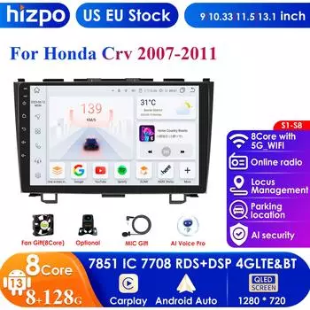 Hizpo Android 13 Автомобильное радио для Honda CR-V 3 RE CRV 2007-2011 Мультимедийный видеоплеер 2 Din Навигация GPS Carplay 4G Головное устройство Интеллектуальное стерео P1L 4Core 1G 16G