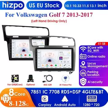 Hizpo Hizpo 10.1 Carplay 4G 2 Din Android 13 автомобильное радио для Volkswagen Golf 7 2013 - 2017 черный серый видеоплеер GPS DSP интеллектуальное авторадио RDS P1L B 4Core 1G 16G