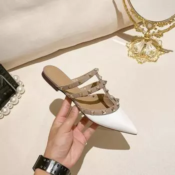 HL08 новые сандалии высокий каблук сумка головные заклепки одно слово с плоскими сандалиями женские 34