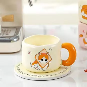 Хлеб Кот Мультфильм Милый Маленький Подарочный Керамическая Чашка Домашний Офис Марк Одинарная Чашка Высокий Внешний Вид Креативный Стакан Для Воды 450ML