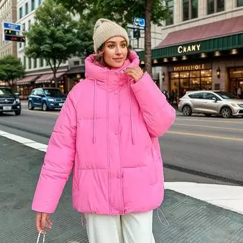 Хлеб пух хлопковая одежда женская осень и зима утолщенная свободная средняя и длинная хлопковая одежда куртка S розовый
