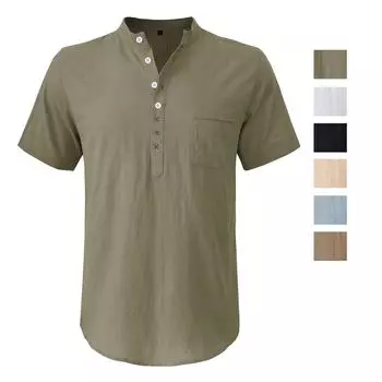 Хлопчато-льняные рубашки для мужчин, однотонные, с короткими рукавами, свободная рубашка с воротником-хенли, праздничная Гавайская пляжная повседневная одежда, удобная модная мужская одежда S оливковый