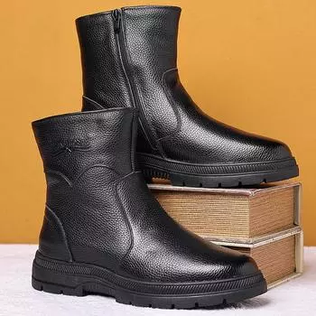 Хлопчатобумажная обувь, мужские противолыжные ботинки из воловьей кожи, меховые одношерстяные хлопковые кожаные сапоги с высоким берцем, обувь для пап среднего и пожилого возраста 38 чёрный