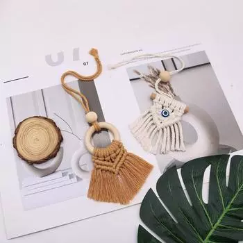 Хлопчатобумажная веревка ручной работы, подвесное украшение с голубым глазом, кисточка в стиле бохо, деревенский элегантный деревянный стержень, кольцо из бисера, подвеска на стену автомобиля, зеркало заднего вида B