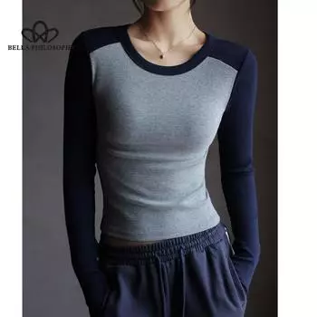 Хлопковая базовая рубашка с круглым вырезом и контрастными рукавами реглан, женская осенняя утягивающая футболка с длинным рукавом, топ S чёрный