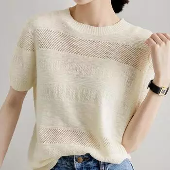 Хлопковая блузка Полый пуловер Трикотажная блузка Летняя однотонная рубашка Повседневные вязаные топы Модная женская нижняя рубашка Футболки с коротким рукавом и круглым вырезом 27585 One Size бежевый