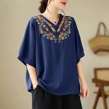 Хлопковая блузка с вышивкой, v-образный вырез, короткий рукав, женский летний корейский свободный топ L чёрный