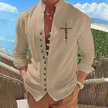 Хлопковая блузка в пляжном стиле, мужская рубашка с длинными рукавами, воротником-стойкой, с принтом букв в стиле ретро, облегающая мужская повседневная рубашка S чёрный