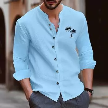 Хлопковая блузка в пляжном стиле, мужская рубашка с длинными рукавами и воротником-стойкой, с принтом кокосовой пальмы, облегающая мужская повседневная рубашка в стиле ретро S чёрный