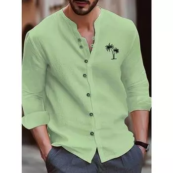 Хлопковая блузка в пляжном стиле, мужская рубашка с длинными рукавами и воротником-стойкой, с принтом кокосовой пальмы, облегающая мужская повседневная рубашка в стиле ретро S чёрный
