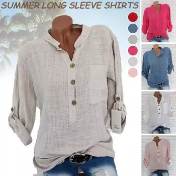 Хлопковая блузка, женские топы, весенне-осенние блузки с длинными рукавами, женские однотонные повседневные рубашки с v-образным вырезом для работы S белый