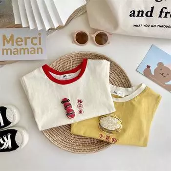 Хлопковая детская футболка с короткими рукавами, тонкие летние футболки с забавным узором для мальчиков и девочек, топы с круглым вырезом для маленьких детей 80cm белый