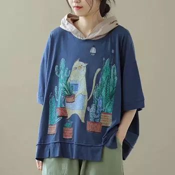 Хлопковая футболка большого размера, женская летняя толстовка с короткими рукавами, удобная свободная женская футболка с капюшоном и короткими рукавами L синий
