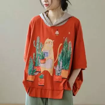 Хлопковая футболка большого размера, женская летняя толстовка с короткими рукавами, удобная свободная женская футболка с капюшоном и короткими рукавами L синий