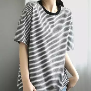 Хлопковая футболка большого размера, женские полосатые свободные топы с круглым вырезом, тонкие и универсальные повседневные топы с короткими рукавами L белый