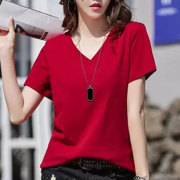 Хлопковая футболка для женщин, футболки, корейская мода, свободная футболка с v-образным вырезом и коротким рукавом, женская летняя базовая повседневная футболка XXXL синий