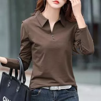 Хлопковая футболка, офисная женская весенняя повседневная футболка с длинными рукавами и отворотами, осенние свободные женские рубашки в корейском стиле больших размеров S чёрный