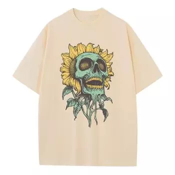 Хлопковая футболка оверсайз с графикой, футболки с подсолнухом и черепом, уличная одежда, тяжелый комфорт, спущенное плечо, винтажные футболки, мужские топы S