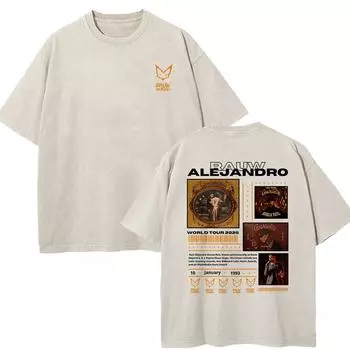 Хлопковая футболка Rauw Alejandro Coca Nuestra Tour 2025 Футболки Винтажные Ретро Мужская/женская Футболка Оверсайз Минеральная Стирка Топы S
