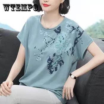 Хлопковая футболка с коротким рукавом и цветочным принтом, женская летняя свободная футболка с круглым вырезом большого размера XXXXL