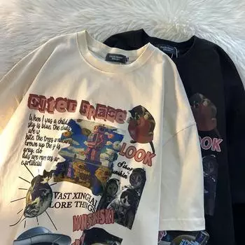 Хлопковая футболка с короткими рукавами с американским уличным принтом для мужчин и женщин Summer Tide Бренд Ретро High Street Пара Мужские футболки с короткими рукавами Tide L бежевый