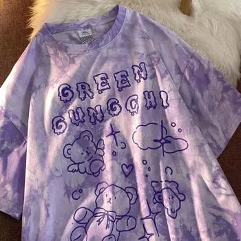 Хлопковая футболка с милым медведем, уличная летняя футболка большого размера, женская футболка в стиле Харадзюку с короткими рукавами, футболка в стиле хип-хоп, окрашенная в галстуке футболка, забавная XL фиолетовый