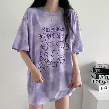 Хлопковая футболка с милым медведем, уличная летняя футболка большого размера, женская футболка в стиле Харадзюку с короткими рукавами, футболка в стиле хип-хоп, окрашенная в галстуке футболка, забавная XXXL синий